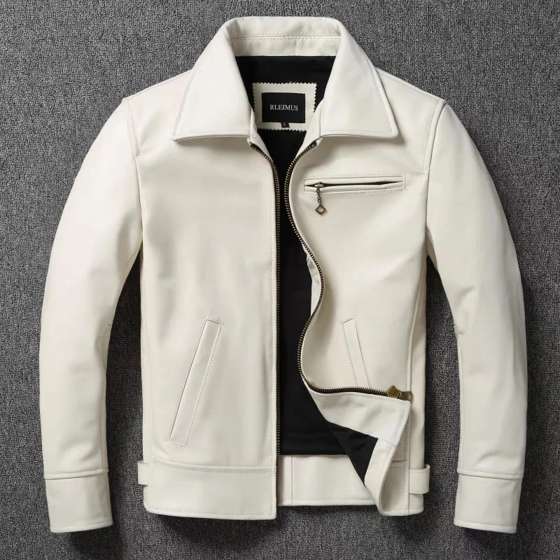 Riding Jacket Leather - Men's Genuine Leather Jacket White Lapel